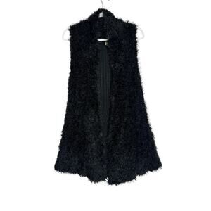 Y2K Womens Black Long Shaggy Faux Fur Sweater Vest Sz L Ribbed Knit Indie Boho